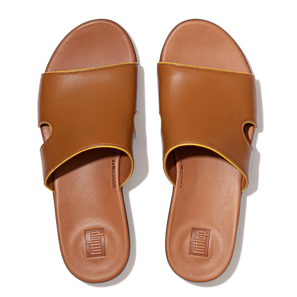 Fitflop Womens Slides Brown - H-bar Pop-binding Leather - GM3980721